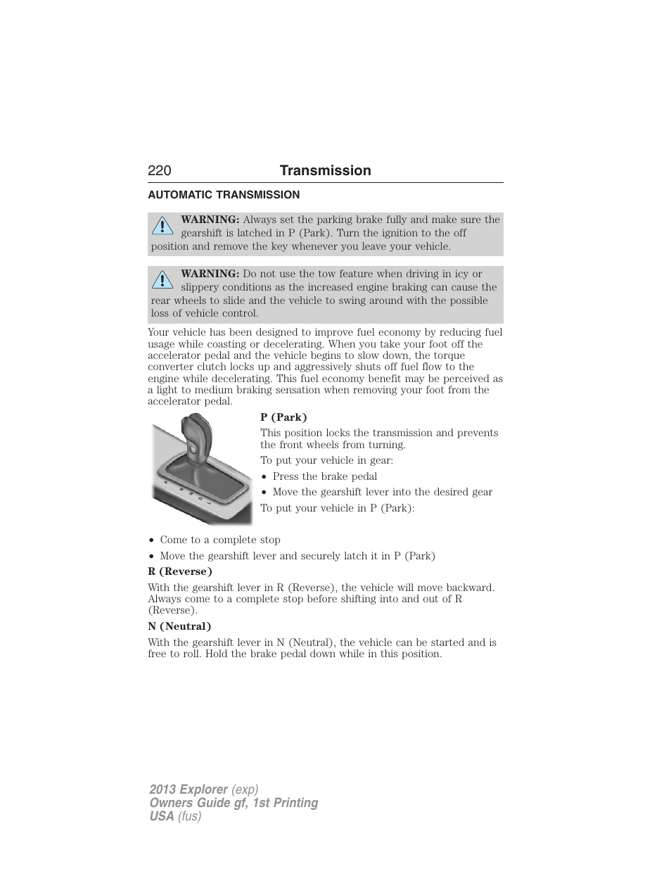 Transmission, Automatic transmission, 220 transmission | FORD 2013 Explorer v.1 User Manual | Page 220 / 576