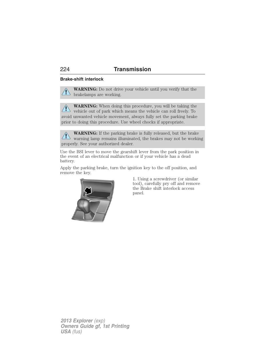 Brake-shift interlock, 224 transmission | FORD 2013 Explorer v.1 User Manual | Page 224 / 576