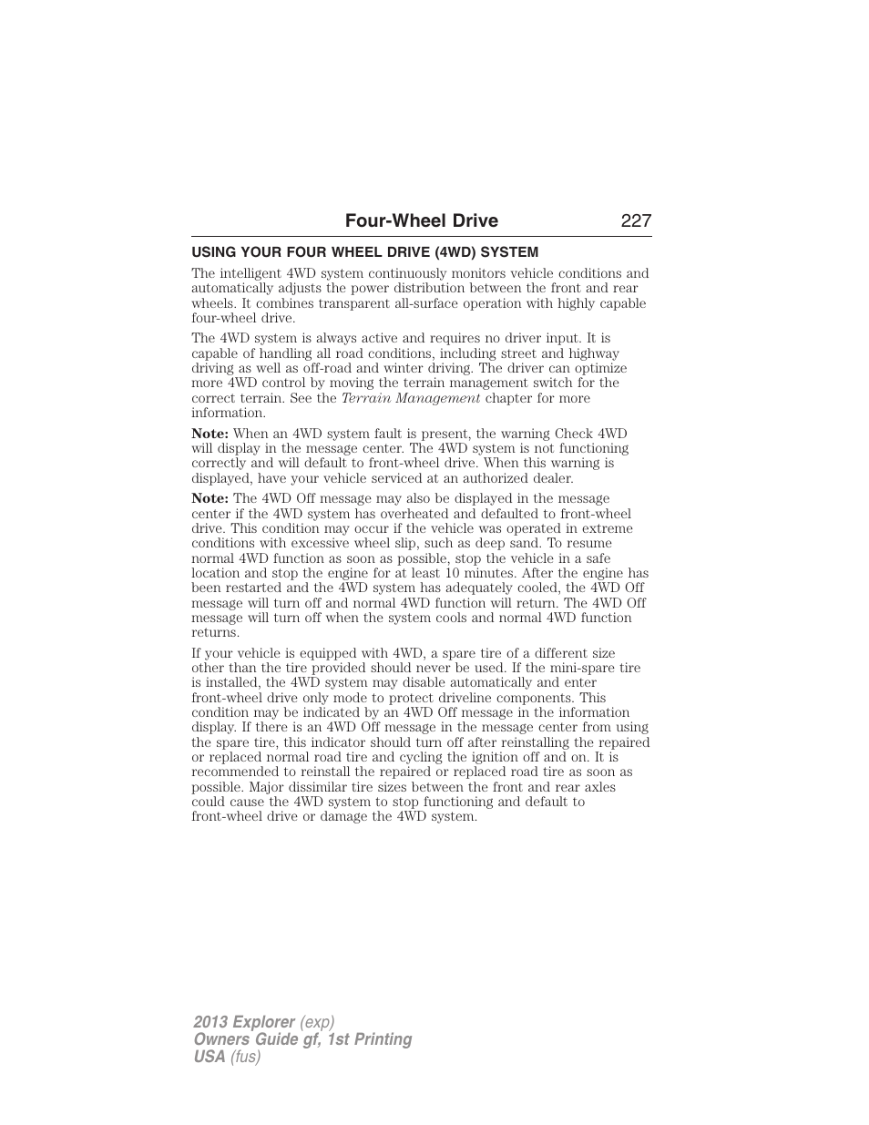 Four-wheel drive, Using your four wheel drive (4wd) system, Four wheel drive | Four-wheel drive 227 | FORD 2013 Explorer v.1 User Manual | Page 227 / 576