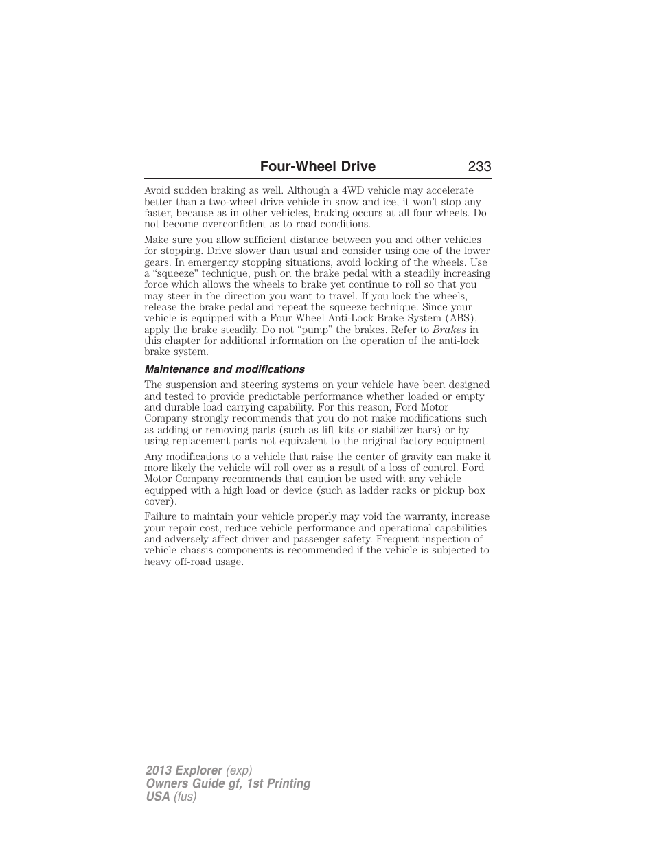 Maintenance and modifications, Four-wheel drive 233 | FORD 2013 Explorer v.1 User Manual | Page 233 / 576