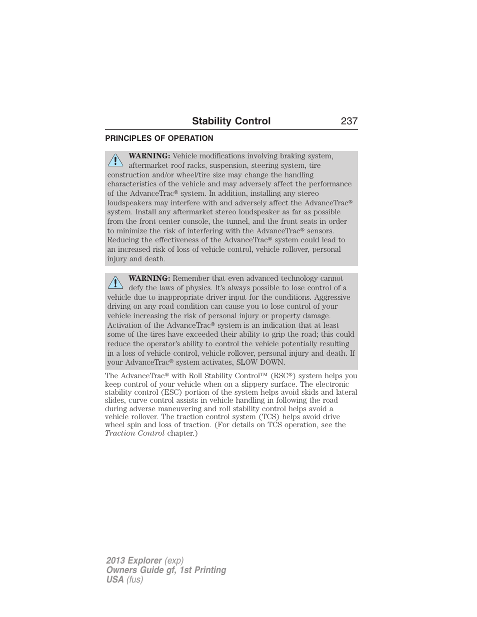 Stability control, Principles of operation, Advancetrac | Stability control 237 | FORD 2013 Explorer v.1 User Manual | Page 237 / 576