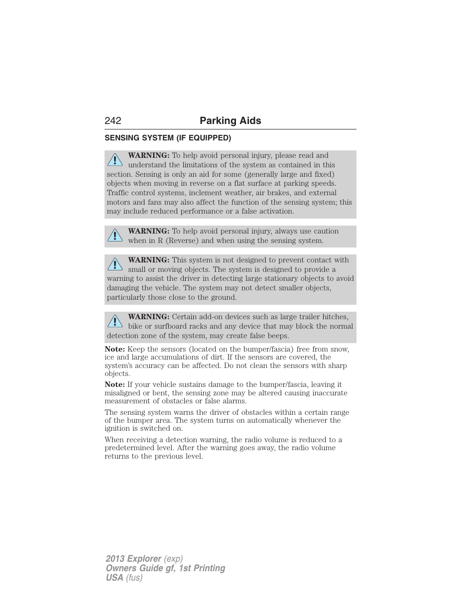 Parking aids, Sensing system (if equipped), Sensing system | 242 parking aids | FORD 2013 Explorer v.1 User Manual | Page 242 / 576