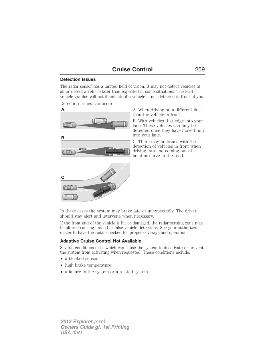 Detection issues, Adaptive cruise control not available, Cruise control 259 | FORD 2013 Explorer v.1 User Manual | Page 259 / 576