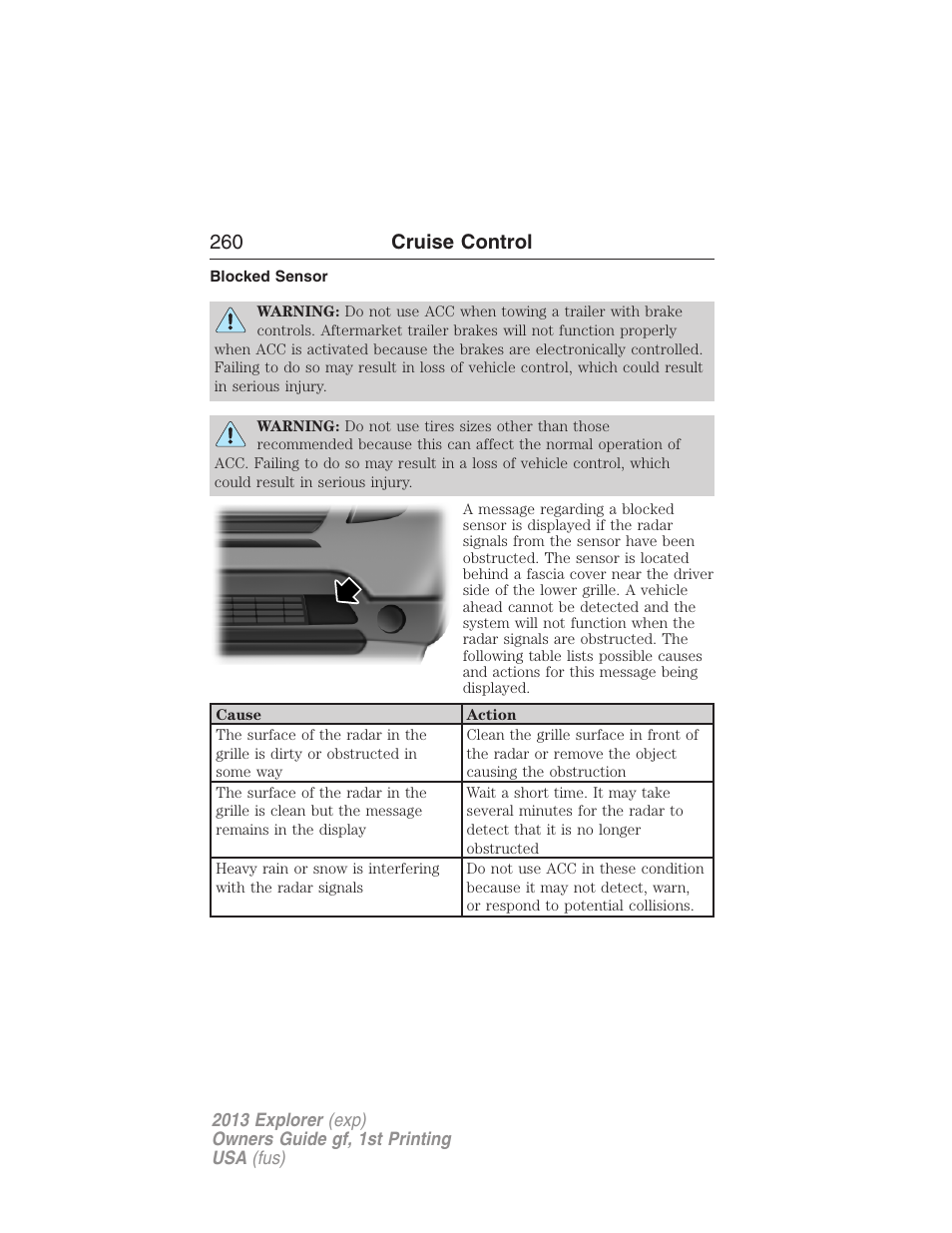 Blocked sensor, 260 cruise control | FORD 2013 Explorer v.1 User Manual | Page 260 / 576