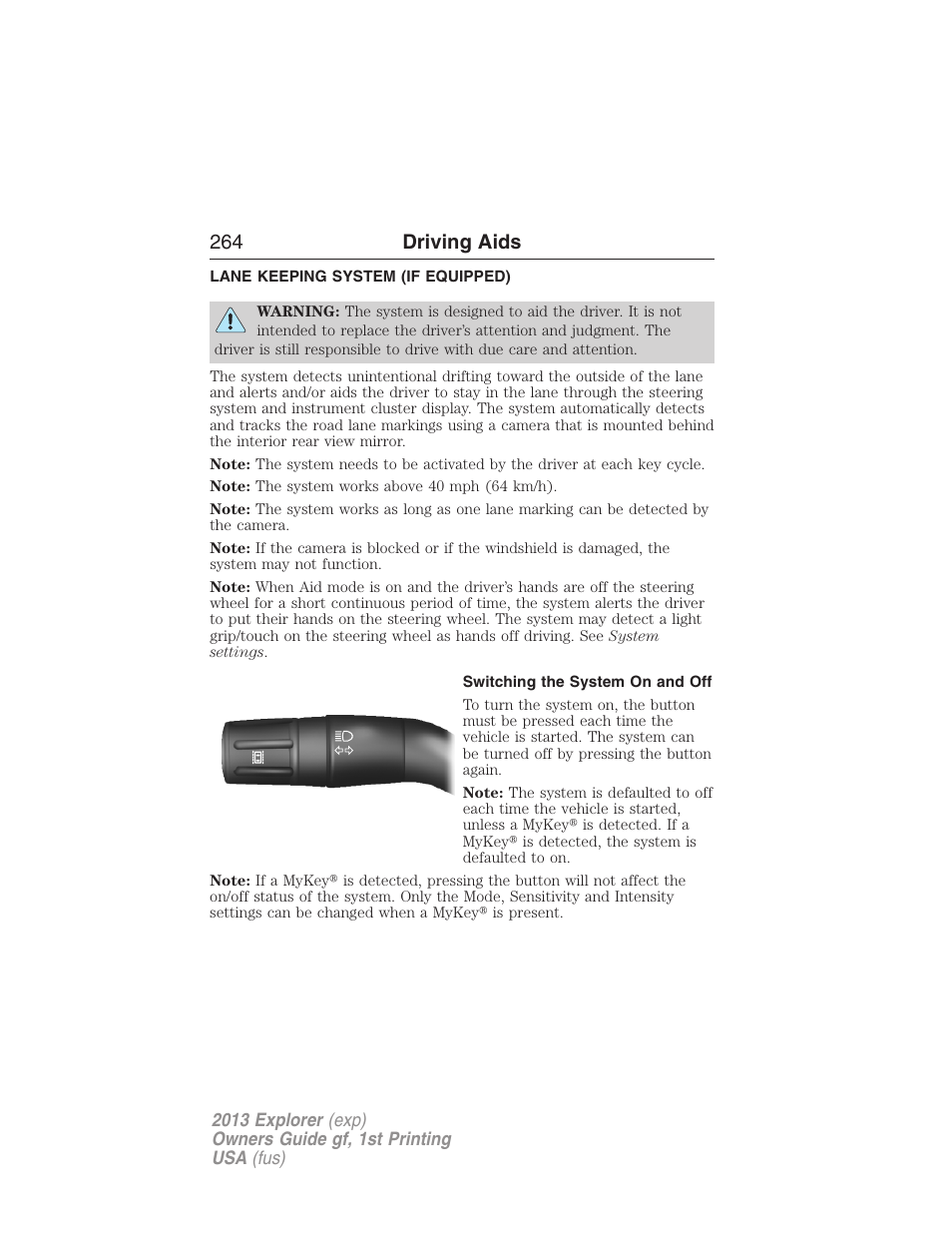 Lane keeping system (if equipped), Switching the system on and off, Lane keeping system | 264 driving aids | FORD 2013 Explorer v.1 User Manual | Page 264 / 576