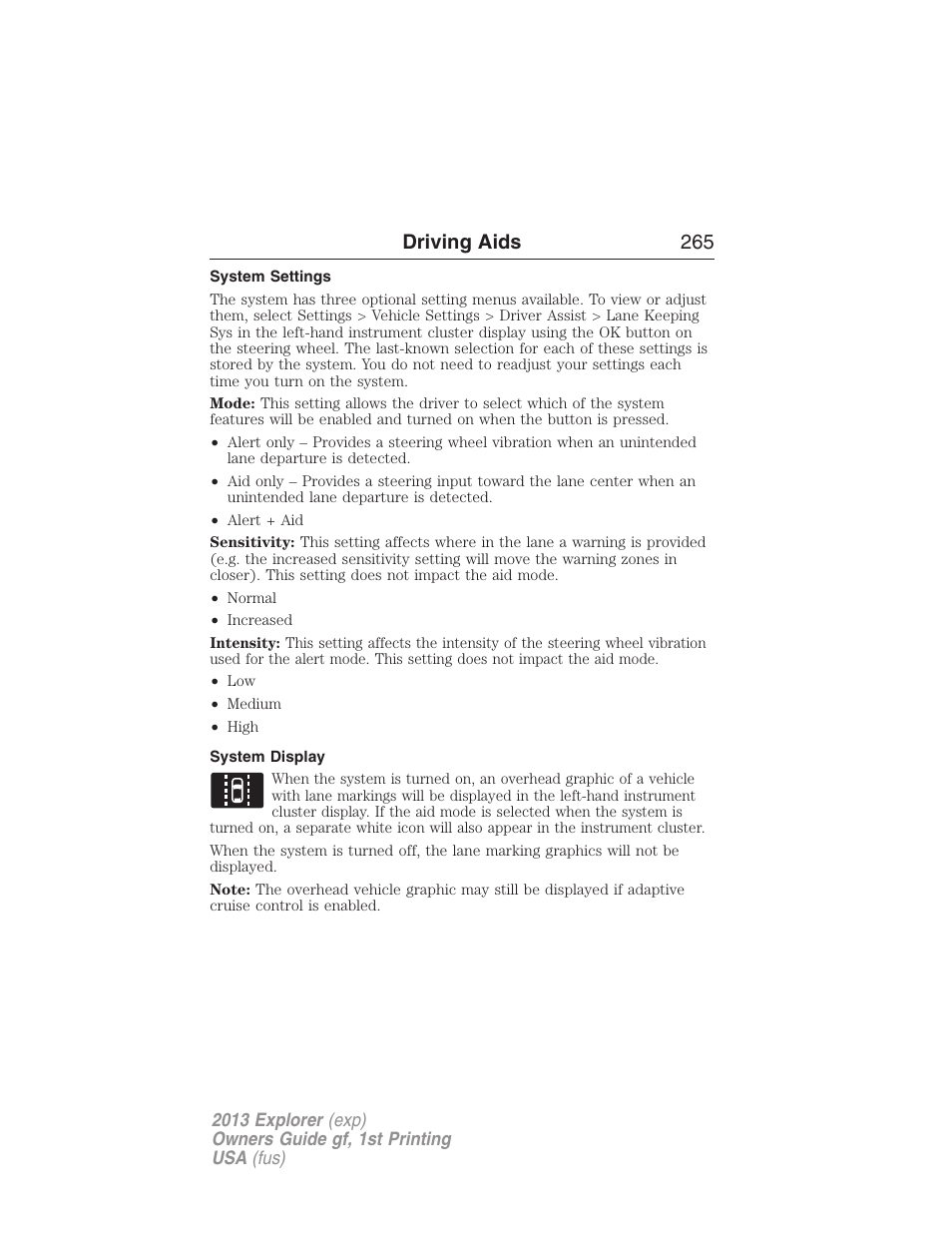 System settings, System display, Driving aids 265 | FORD 2013 Explorer v.1 User Manual | Page 265 / 576