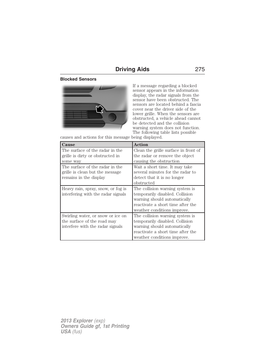 Blocked sensors, Driving aids 275 | FORD 2013 Explorer v.1 User Manual | Page 275 / 576