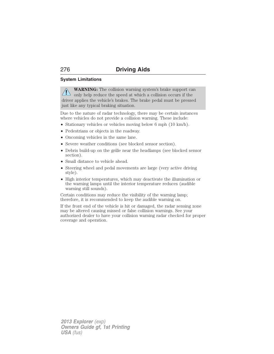 System limitations, 276 driving aids | FORD 2013 Explorer v.1 User Manual | Page 276 / 576