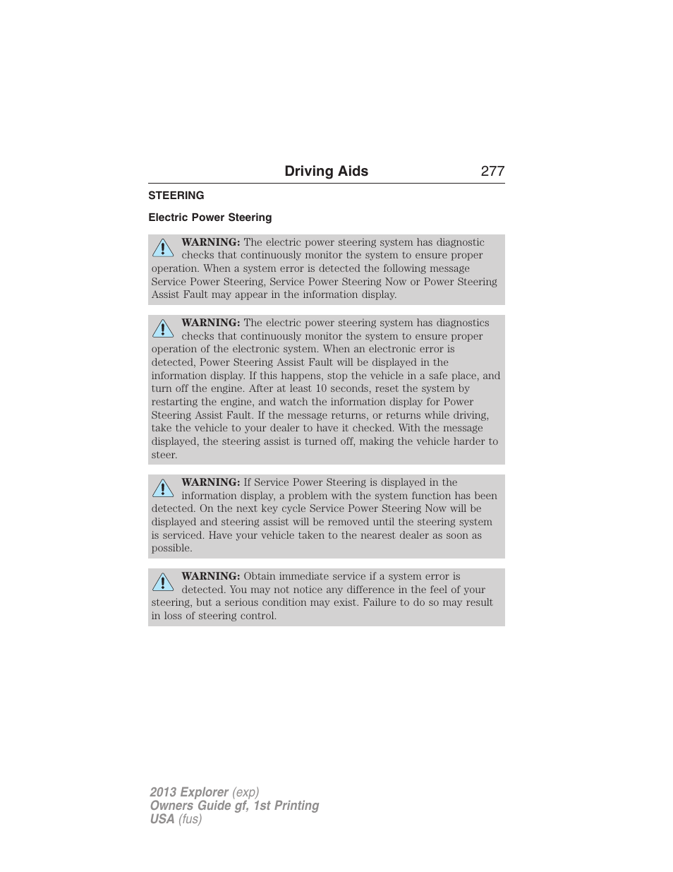 Steering, Electric power steering, Driving aids 277 | FORD 2013 Explorer v.1 User Manual | Page 277 / 576