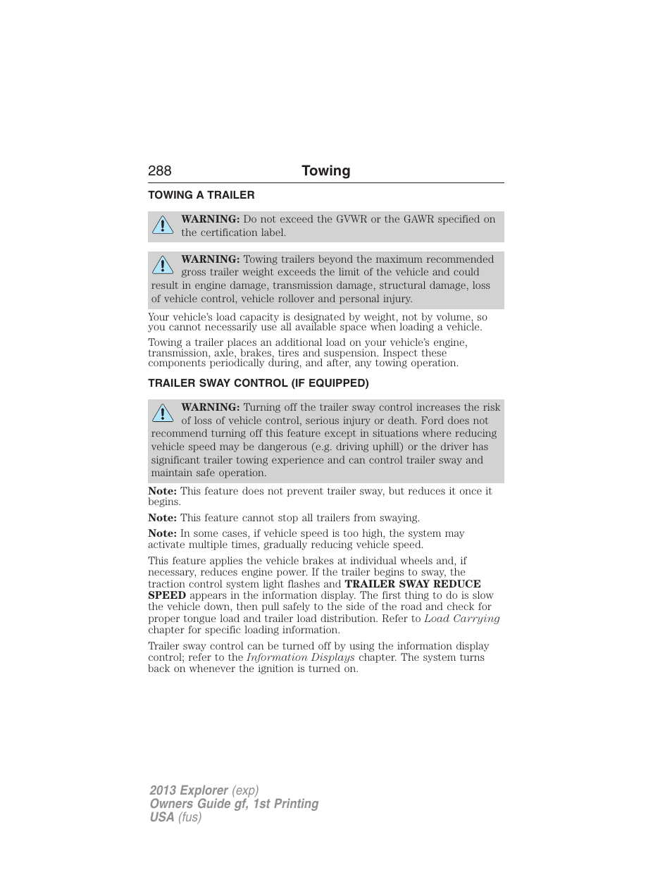 Towing, Towing a trailer, Trailer sway control (if equipped) | Trailer towing, 288 towing | FORD 2013 Explorer v.1 User Manual | Page 288 / 576