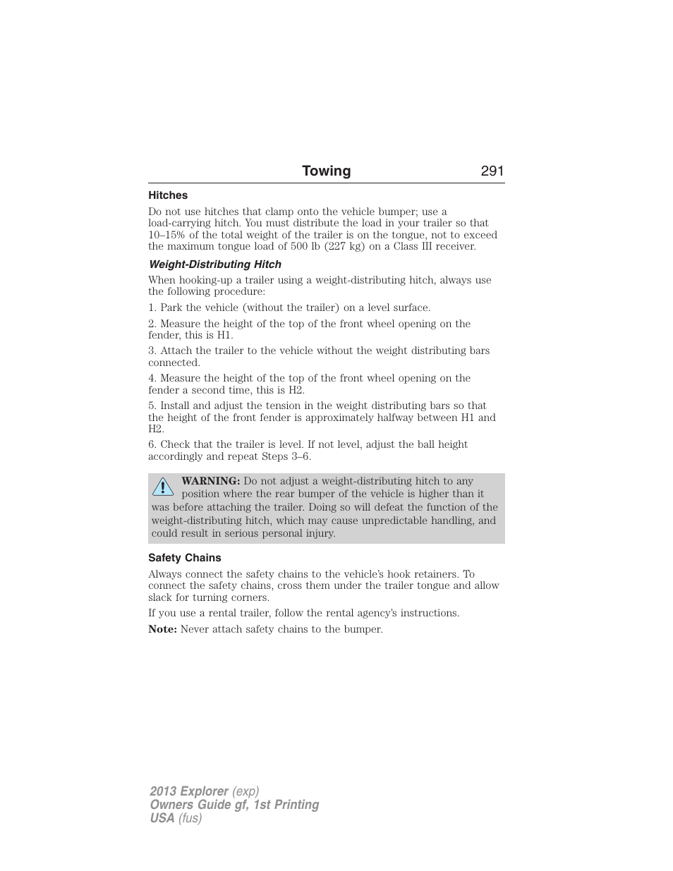 Hitches, Weight-distributing hitch, Safety chains | Towing 291 | FORD 2013 Explorer v.1 User Manual | Page 291 / 576