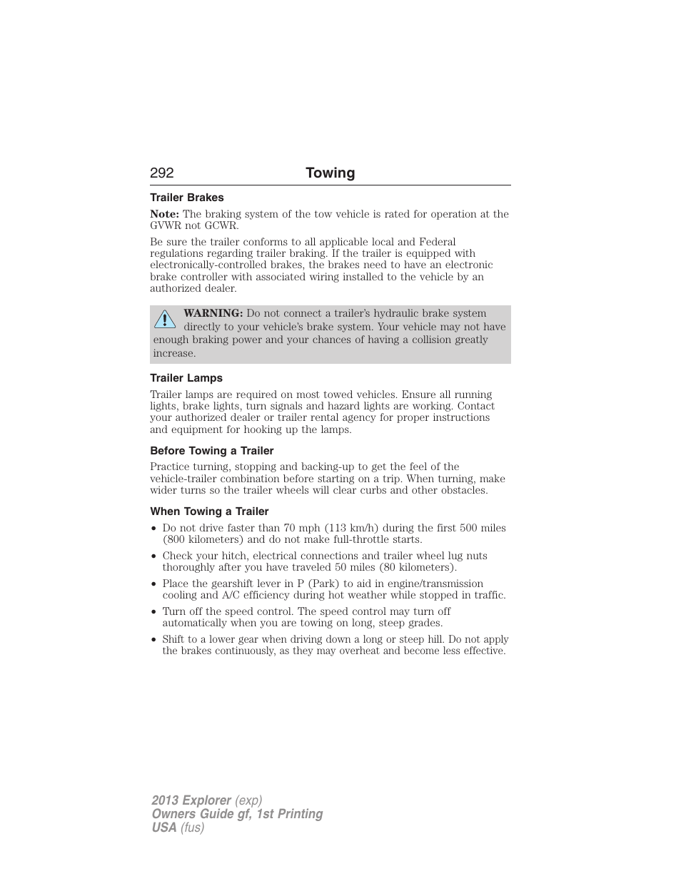 Trailer brakes, Trailer lamps, Before towing a trailer | When towing a trailer, 292 towing | FORD 2013 Explorer v.1 User Manual | Page 292 / 576