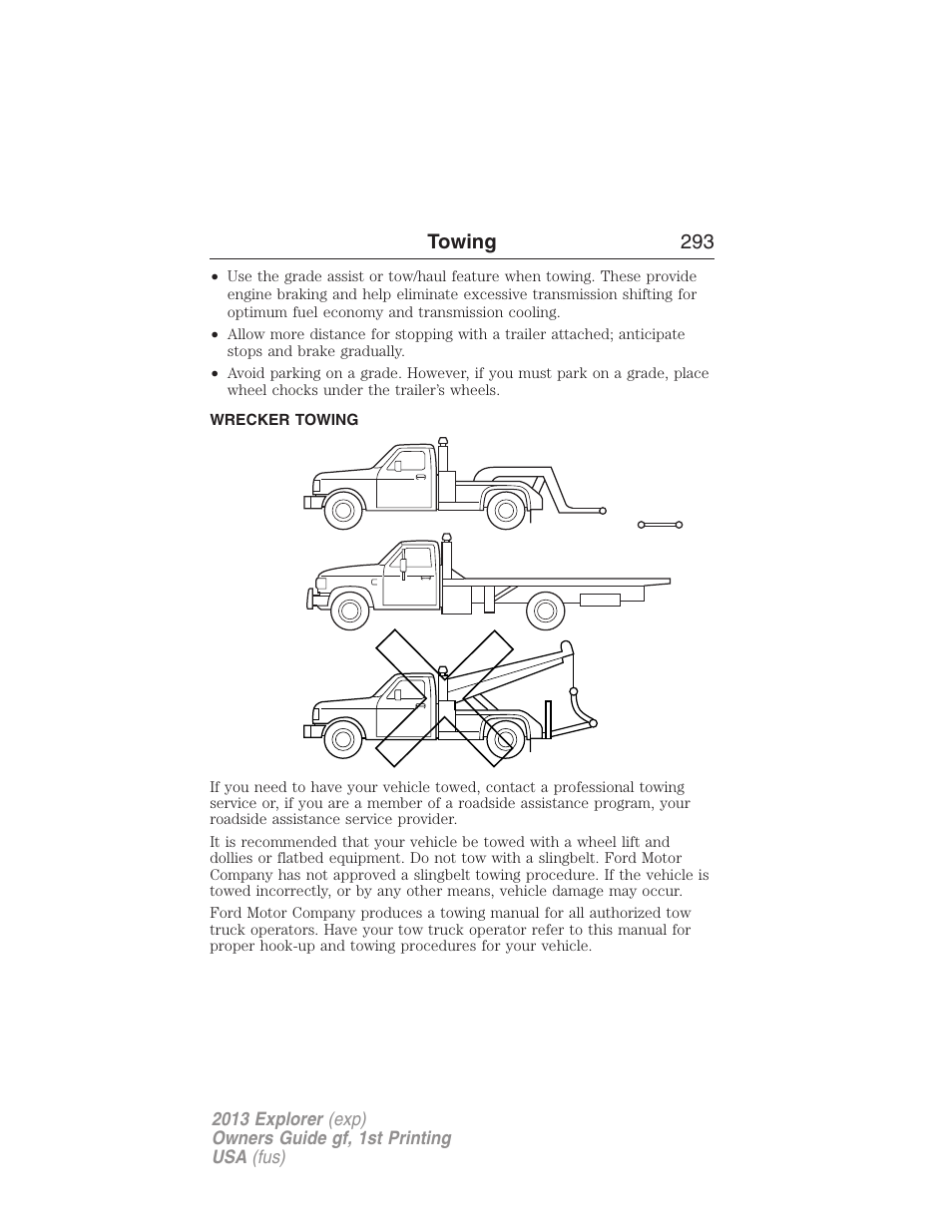 Wrecker towing, Towing 293 | FORD 2013 Explorer v.1 User Manual | Page 293 / 576