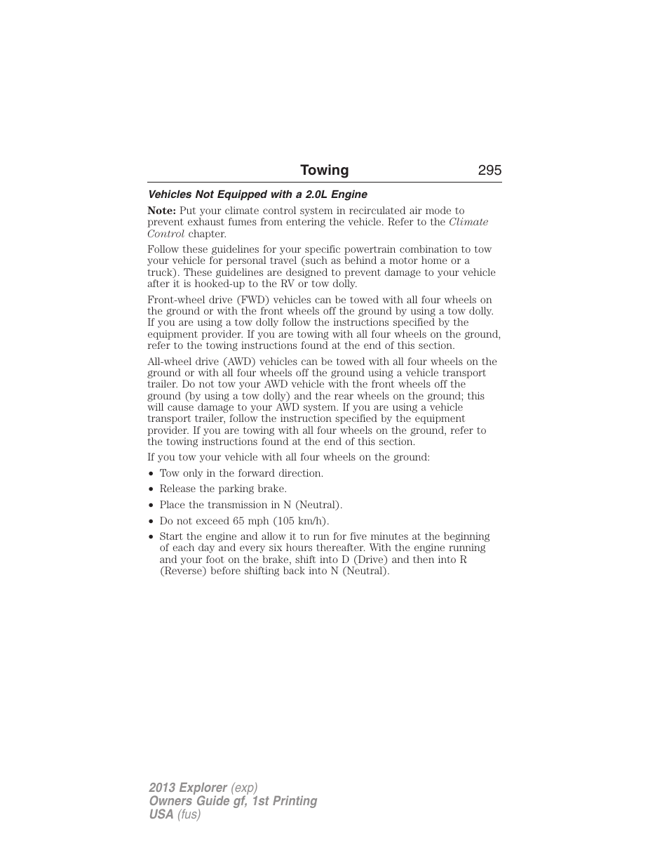 Vehicles not equipped with a 2.0l engine, Towing 295 | FORD 2013 Explorer v.1 User Manual | Page 295 / 576