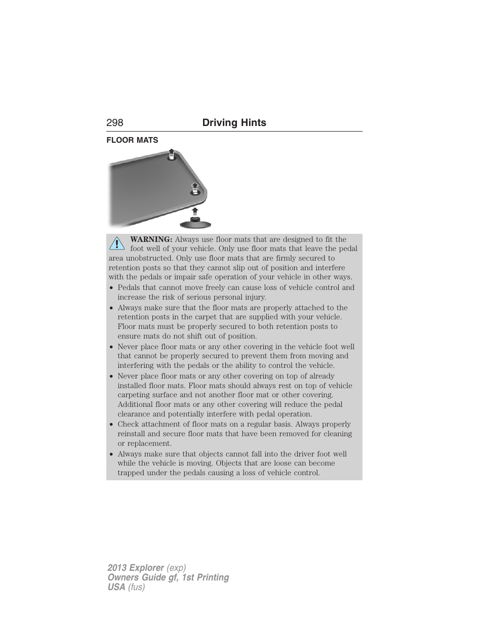 Floor mats, 298 driving hints | FORD 2013 Explorer v.1 User Manual | Page 298 / 576