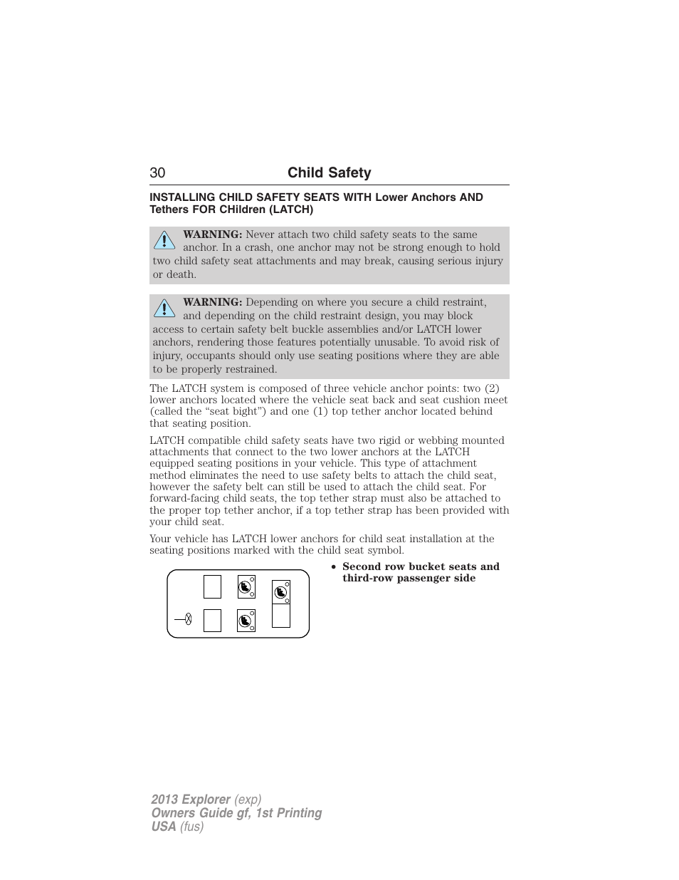 30 child safety | FORD 2013 Explorer v.1 User Manual | Page 30 / 576