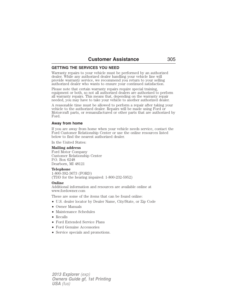 Customer assistance, Getting the services you need, Away from home | Customer assistance 305 | FORD 2013 Explorer v.1 User Manual | Page 305 / 576