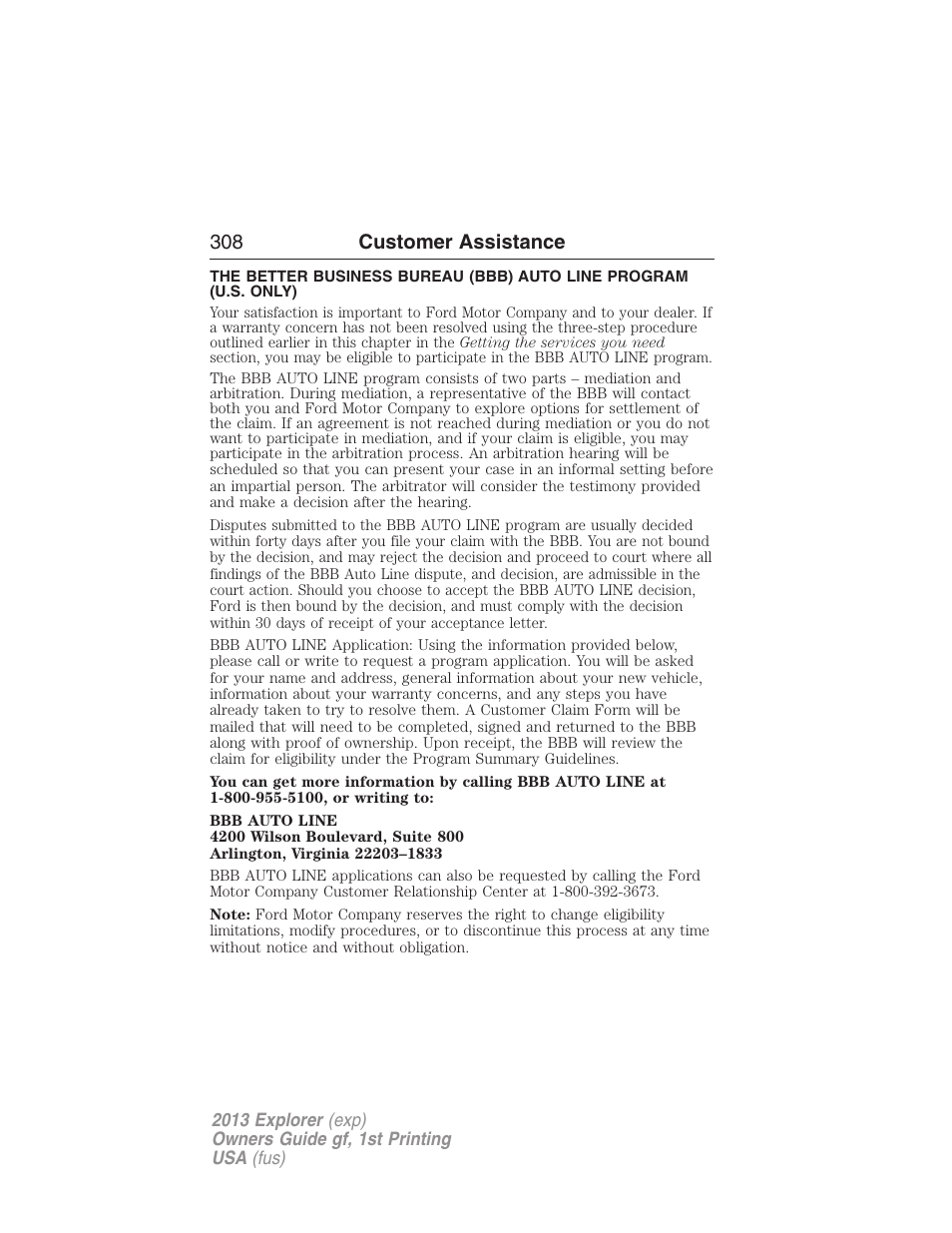 308 customer assistance | FORD 2013 Explorer v.1 User Manual | Page 308 / 576