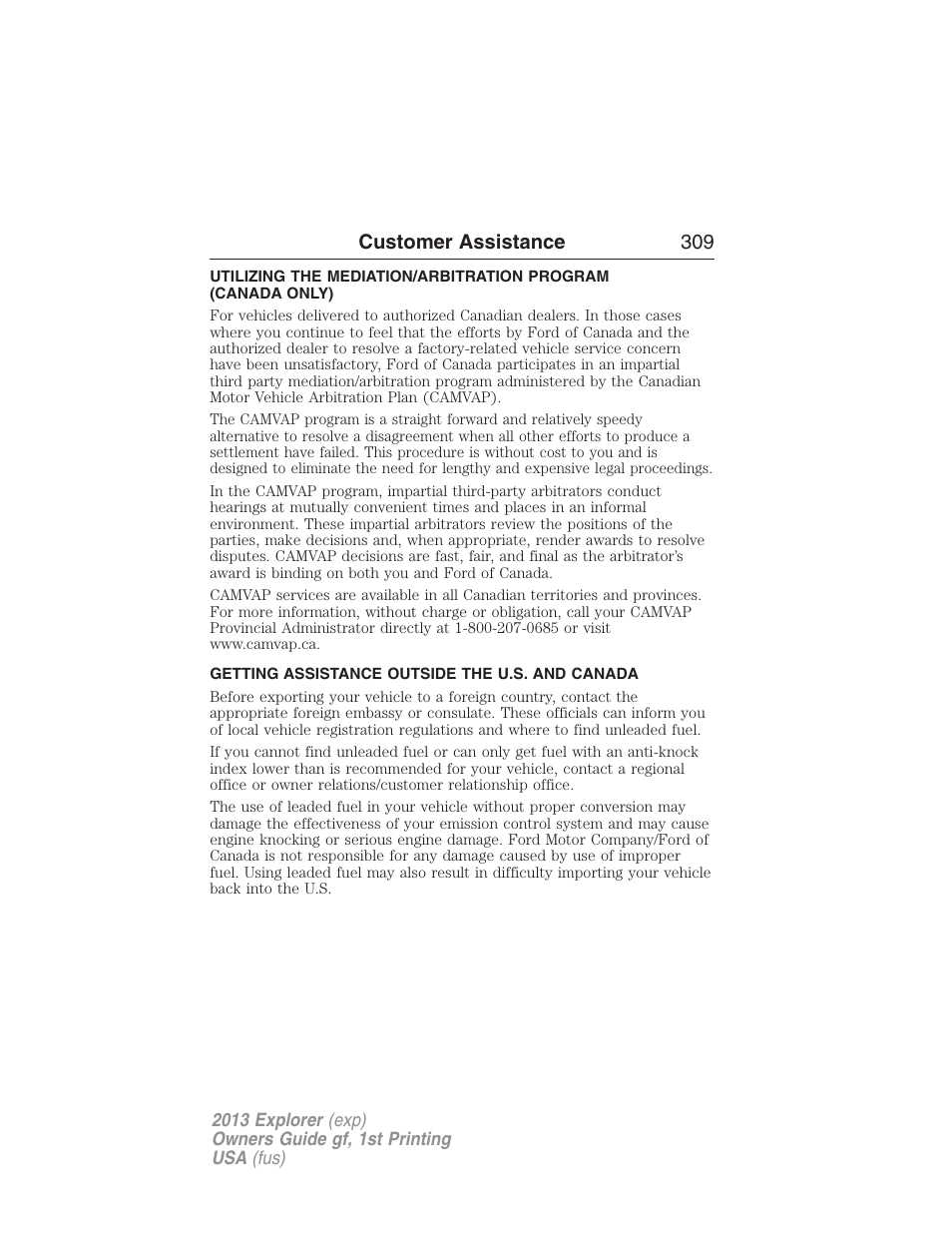 Getting assistance outside the u.s. and canada, Customer assistance 309 | FORD 2013 Explorer v.1 User Manual | Page 309 / 576