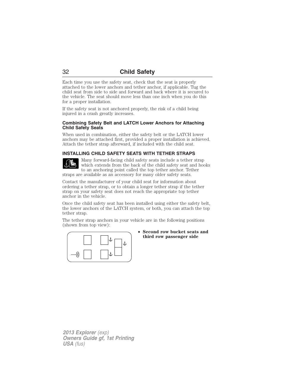 Installing child safety seats with tether straps, 32 child safety | FORD 2013 Explorer v.1 User Manual | Page 32 / 576