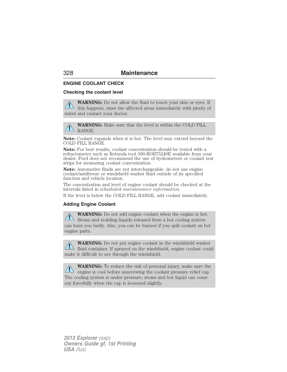 Engine coolant check, Checking the coolant level, Adding engine coolant | 328 maintenance | FORD 2013 Explorer v.1 User Manual | Page 328 / 576