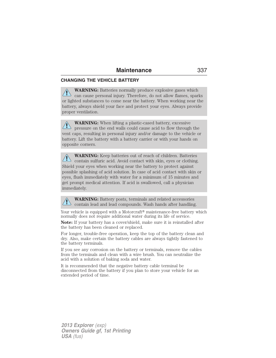 Changing the vehicle battery, Battery, Maintenance 337 | FORD 2013 Explorer v.1 User Manual | Page 337 / 576