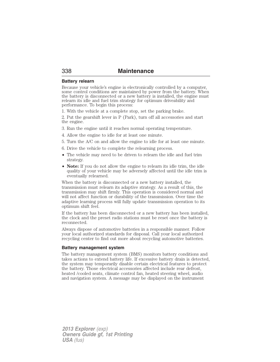 Battery relearn, Battery management system, 338 maintenance | FORD 2013 Explorer v.1 User Manual | Page 338 / 576