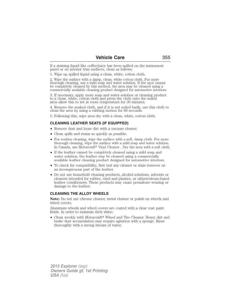 Cleaning leather seats (if equipped), Cleaning the alloy wheels, Cleaning leather seats | Vehicle care 355 | FORD 2013 Explorer v.1 User Manual | Page 355 / 576