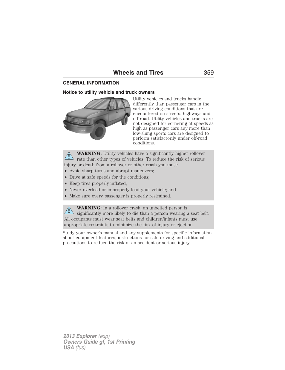 Wheels and tires, General information, Notice to utility vehicle and truck owners | Wheels and tires 359 | FORD 2013 Explorer v.1 User Manual | Page 359 / 576