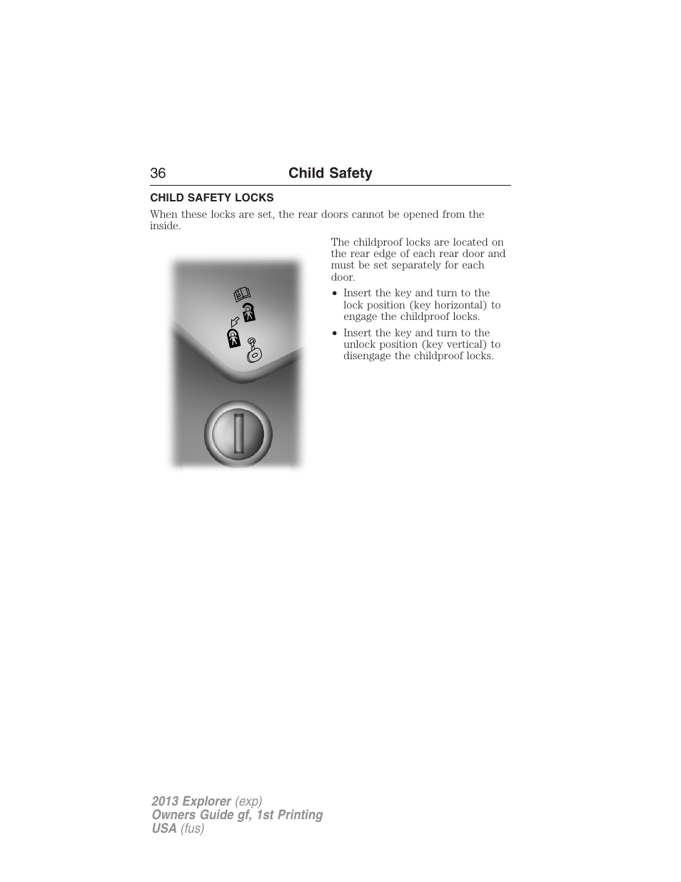 Child safety locks, 36 child safety | FORD 2013 Explorer v.1 User Manual | Page 36 / 576
