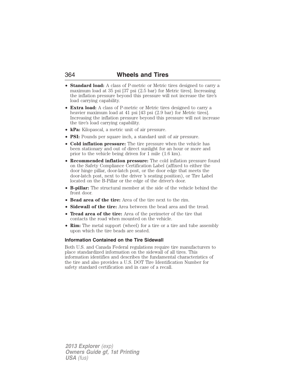 Information contained on the tire sidewall, 364 wheels and tires | FORD 2013 Explorer v.1 User Manual | Page 364 / 576