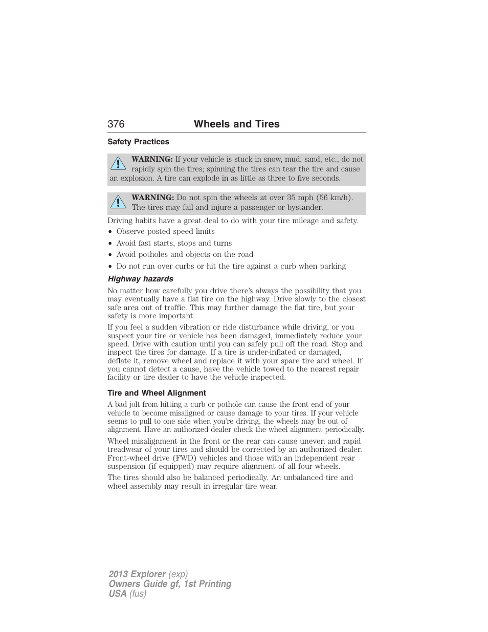 Safety practices, Highway hazards, Tire and wheel alignment | 376 wheels and tires | FORD 2013 Explorer v.1 User Manual | Page 376 / 576