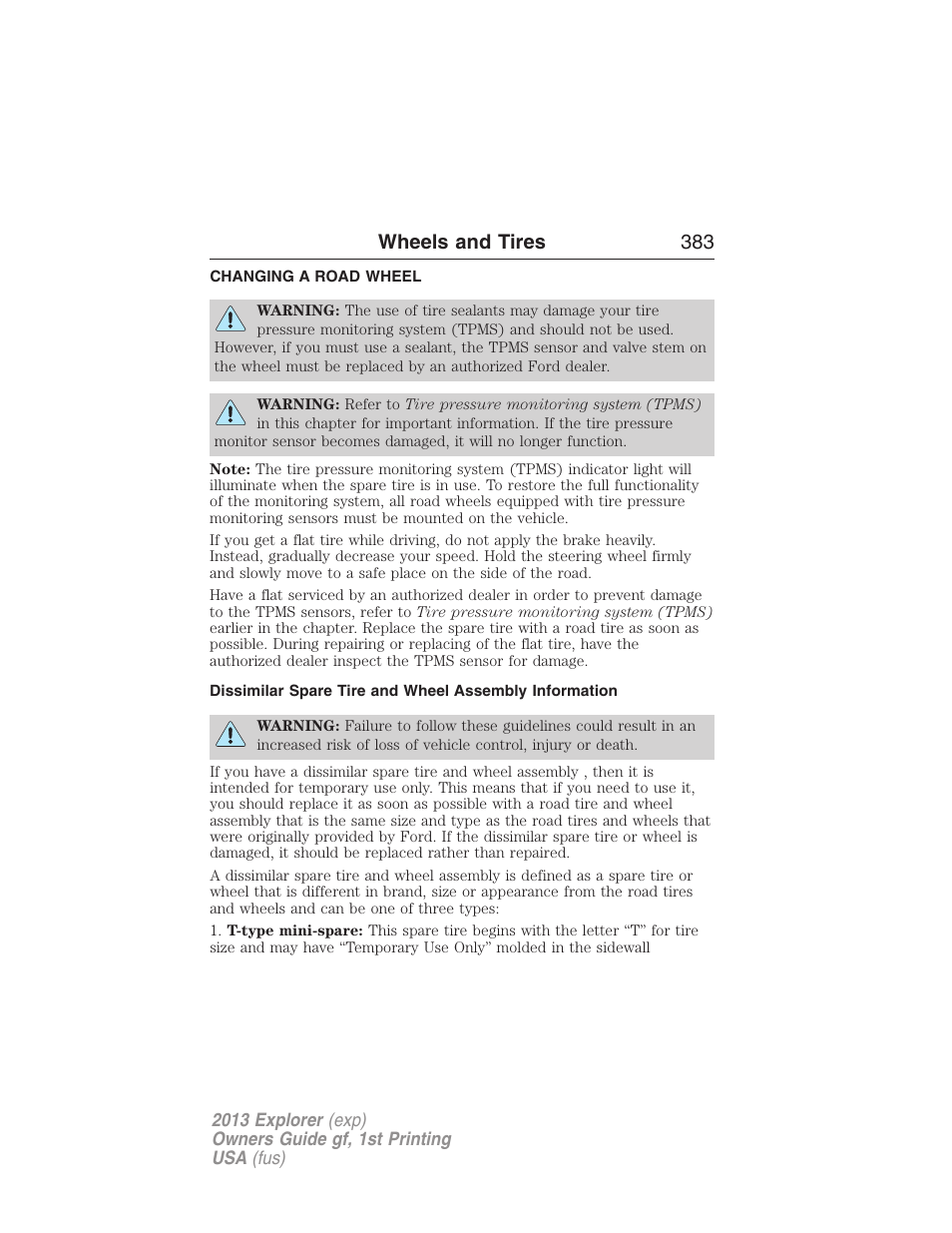 Changing a road wheel, Wheels and tires 383 | FORD 2013 Explorer v.1 User Manual | Page 383 / 576