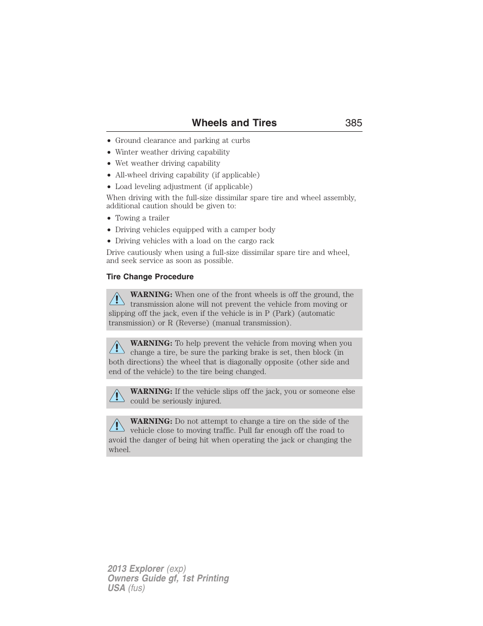Tire change procedure, Wheels and tires 385 | FORD 2013 Explorer v.1 User Manual | Page 385 / 576