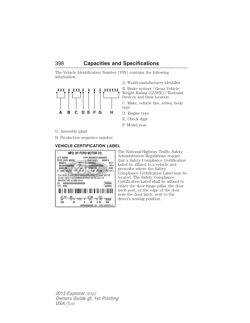 Vehicle certification label, 398 capacities and specifications | FORD 2013 Explorer v.1 User Manual | Page 398 / 576