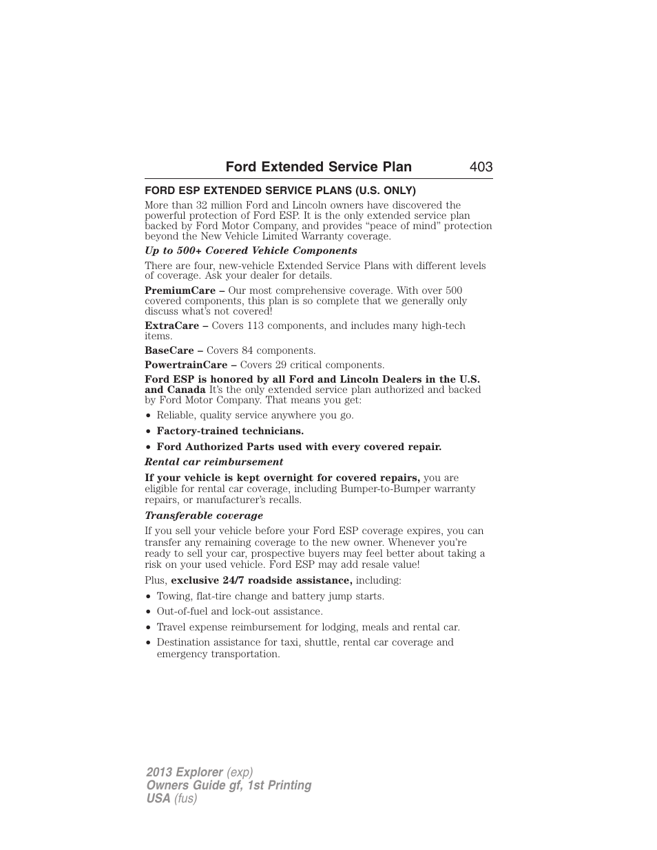 Ford extended service plan, Ford esp extended service plans (u.s. only), Ford extended service plan 403 | FORD 2013 Explorer v.1 User Manual | Page 403 / 576