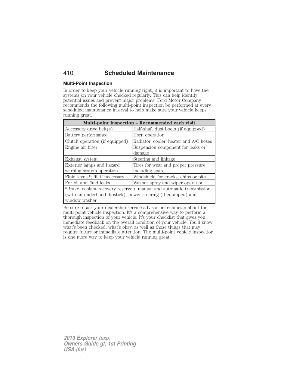 Multi-point inspection, 410 scheduled maintenance | FORD 2013 Explorer v.1 User Manual | Page 410 / 576