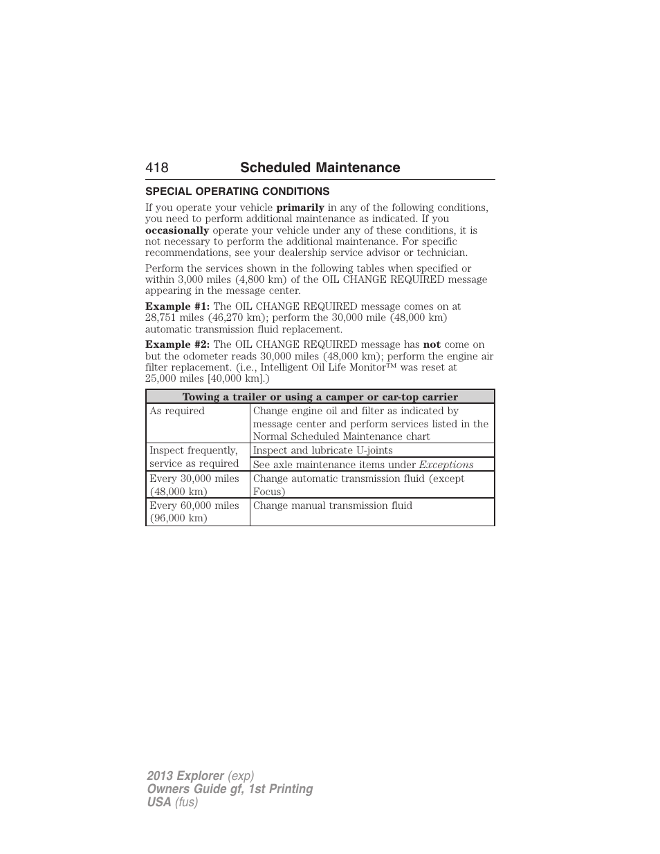 Special operating conditions, 418 scheduled maintenance | FORD 2013 Explorer v.1 User Manual | Page 418 / 576