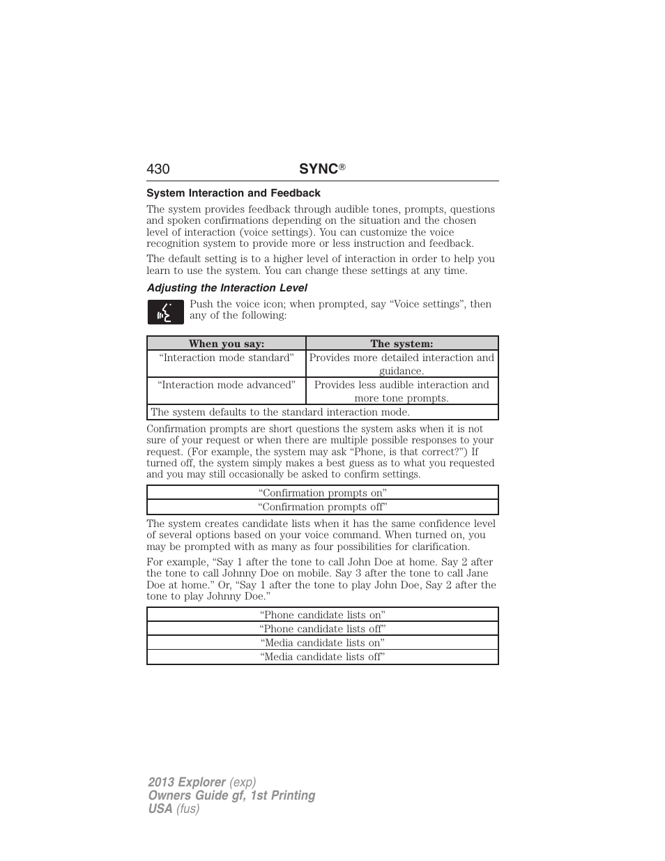 System interaction and feedback, Adjusting the interaction level, 430 sync | FORD 2013 Explorer v.1 User Manual | Page 430 / 576