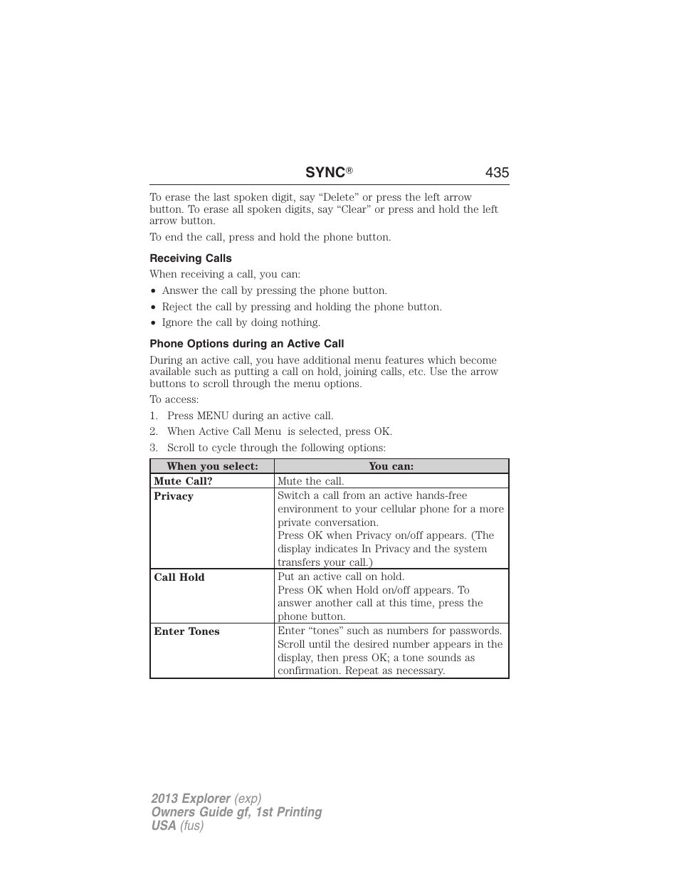 Receiving calls, Phone options during an active call, Sync ா 435 | FORD 2013 Explorer v.1 User Manual | Page 435 / 576