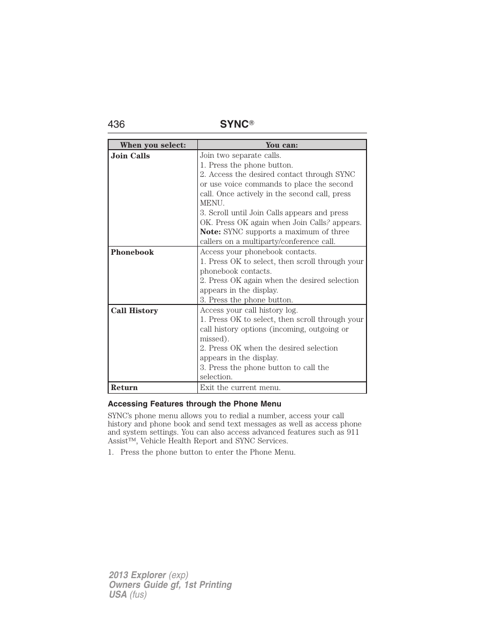 Accessing features through the phone menu, 436 sync | FORD 2013 Explorer v.1 User Manual | Page 436 / 576