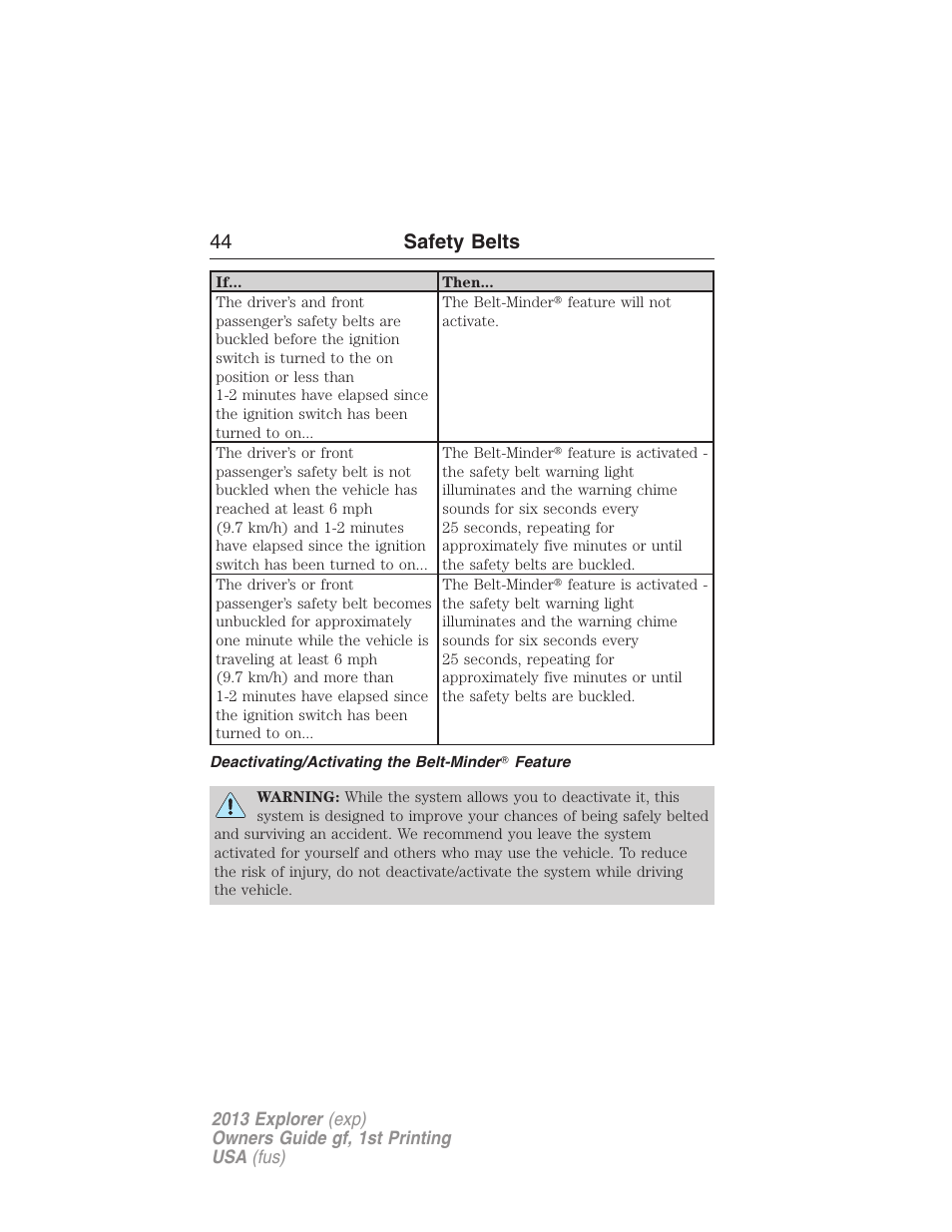 Deactivating/activating the belt-minder? feature, 44 safety belts | FORD 2013 Explorer v.1 User Manual | Page 44 / 576