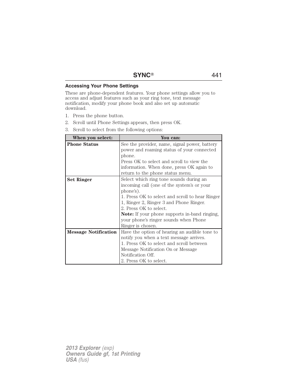 Accessing your phone settings, Sync ா 441 | FORD 2013 Explorer v.1 User Manual | Page 441 / 576