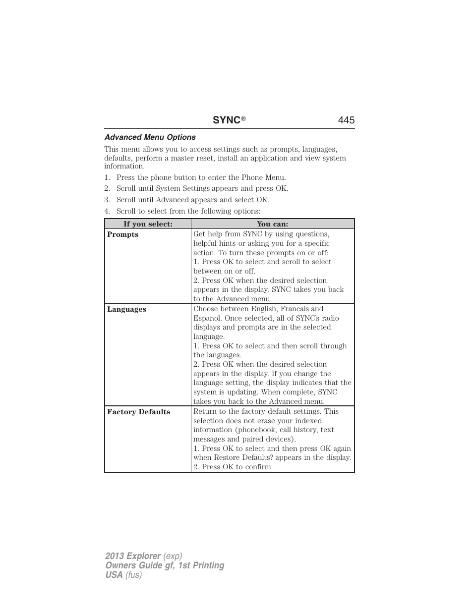 Advanced menu options, Sync ா 445 | FORD 2013 Explorer v.1 User Manual | Page 445 / 576