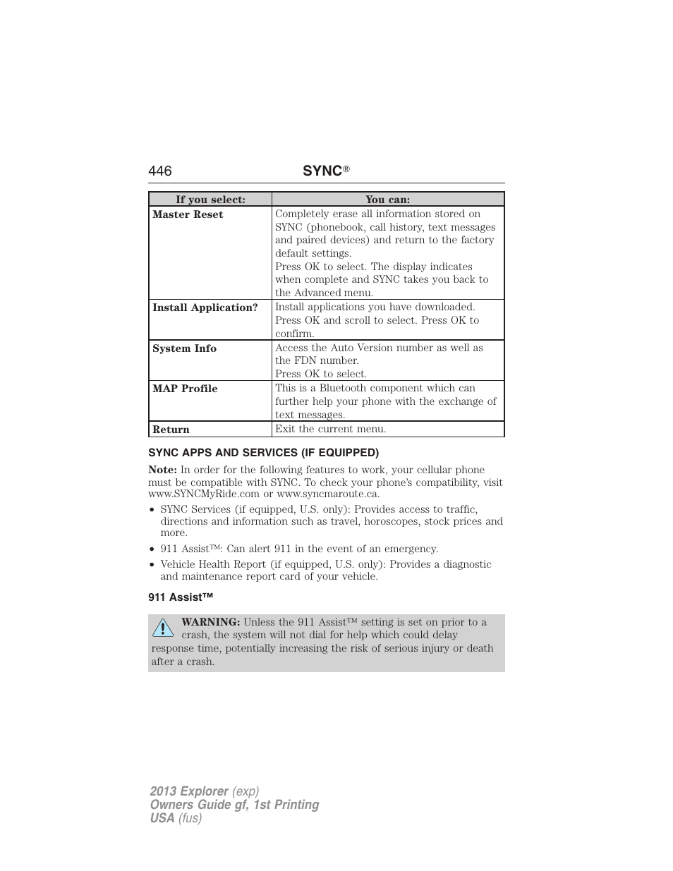 Sync apps and services (if equipped), 911 assist, 446 sync | FORD 2013 Explorer v.1 User Manual | Page 446 / 576