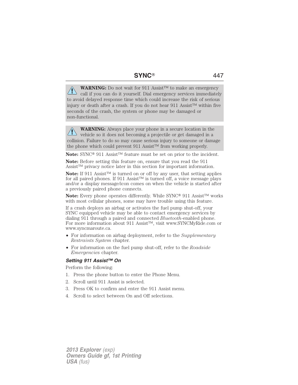 Setting 911 assist™ on, Sync ா 447 | FORD 2013 Explorer v.1 User Manual | Page 447 / 576