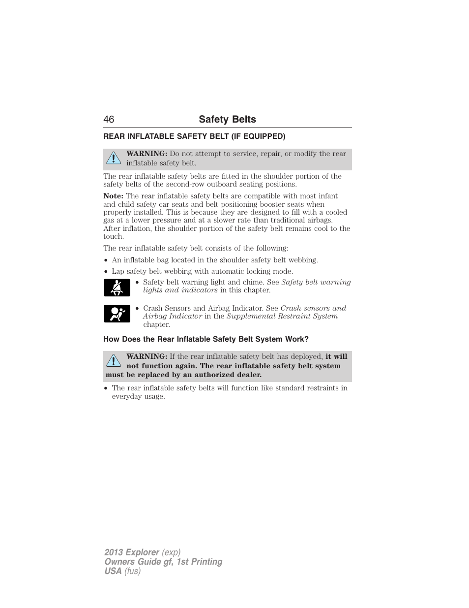 Rear inflatable safety belt (if equipped), Rear inflatable safety belt, 46 safety belts | FORD 2013 Explorer v.1 User Manual | Page 46 / 576