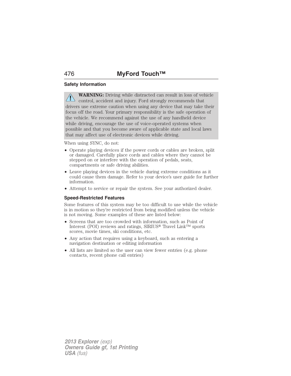 Safety information, Speed-restricted features, 476 myford touch | FORD 2013 Explorer v.1 User Manual | Page 476 / 576