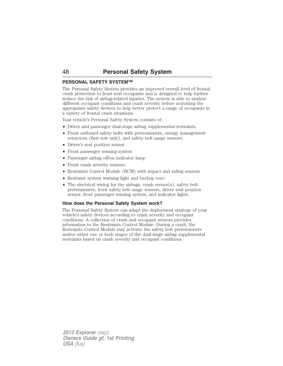 Personal safety system, How does the personal safety system work, 48 personal safety system | FORD 2013 Explorer v.1 User Manual | Page 48 / 576