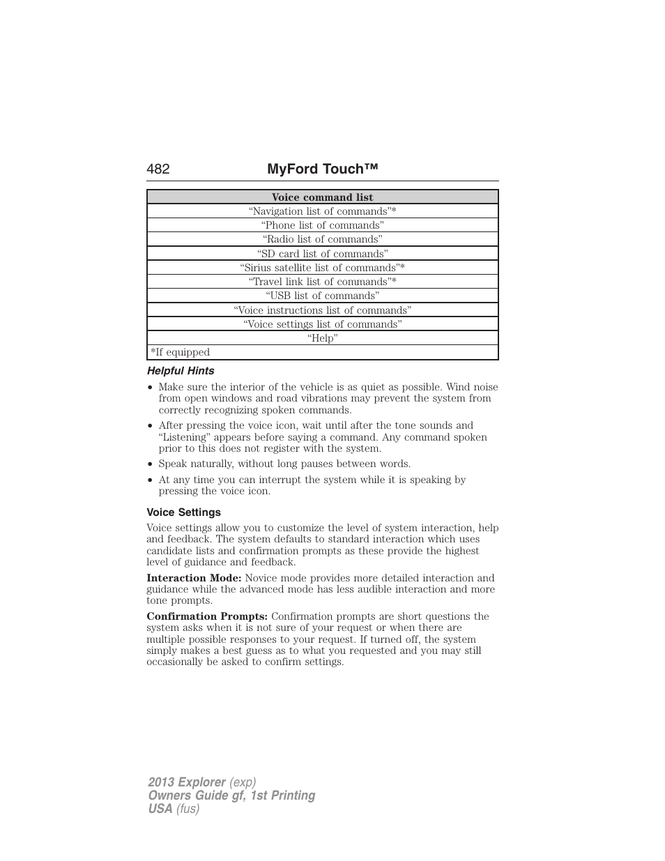 Helpful hints, Voice settings, 482 myford touch | FORD 2013 Explorer v.1 User Manual | Page 482 / 576